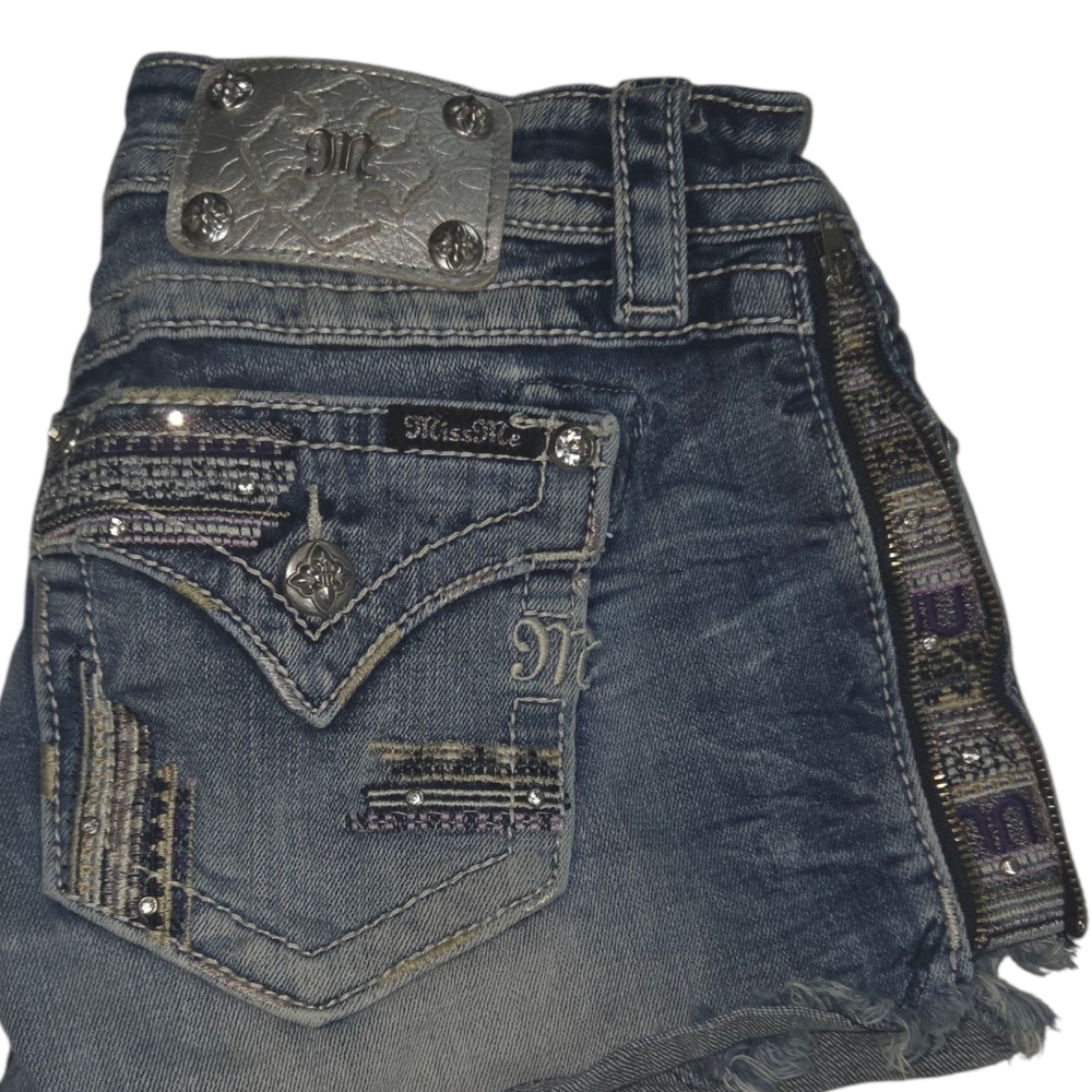 Miss Me Dark Blue Denim Shorts with Silver Accents